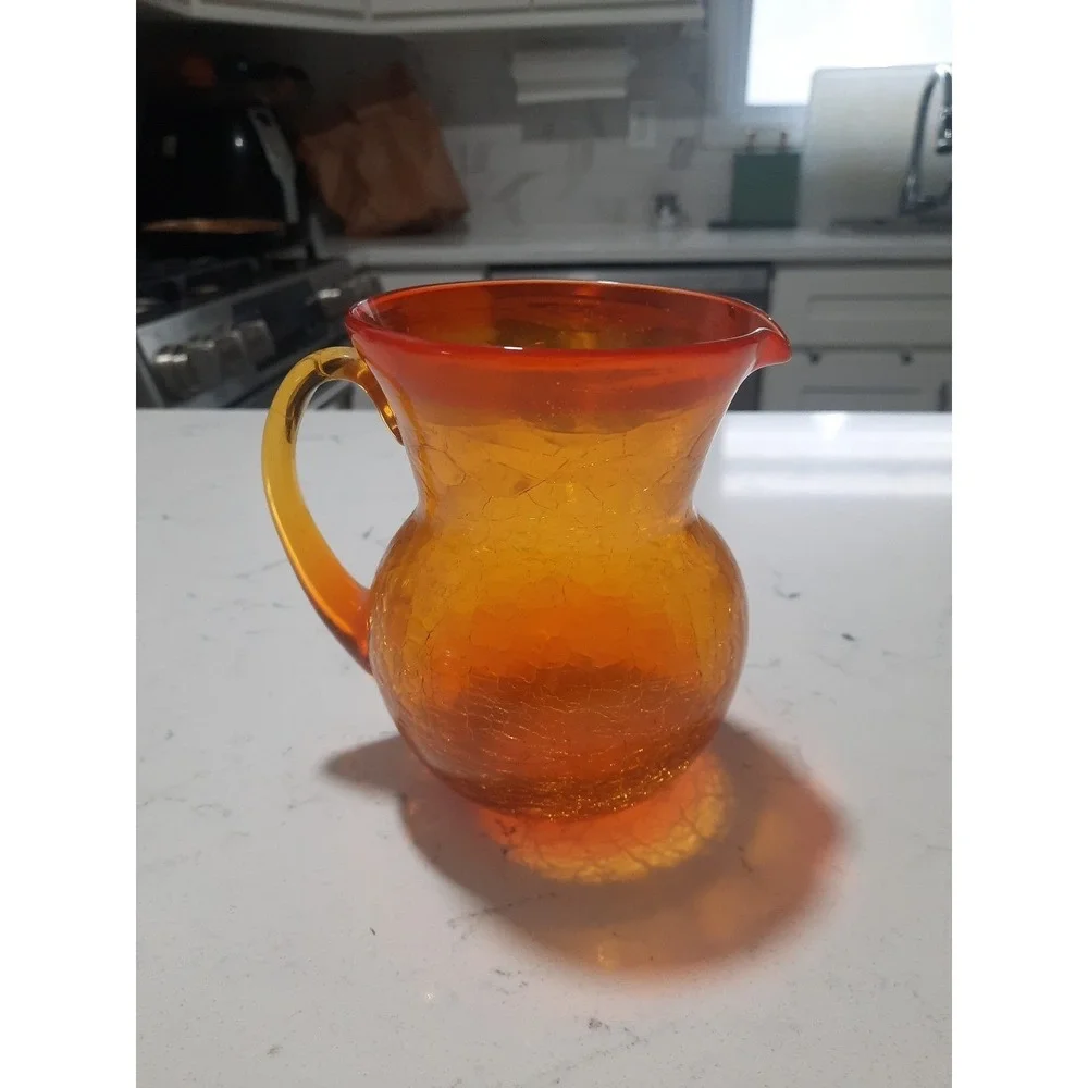 Vintage BLENKO Crackle Hand Blown Art Glass Tangerine/ Amberina Pitcher w Handle